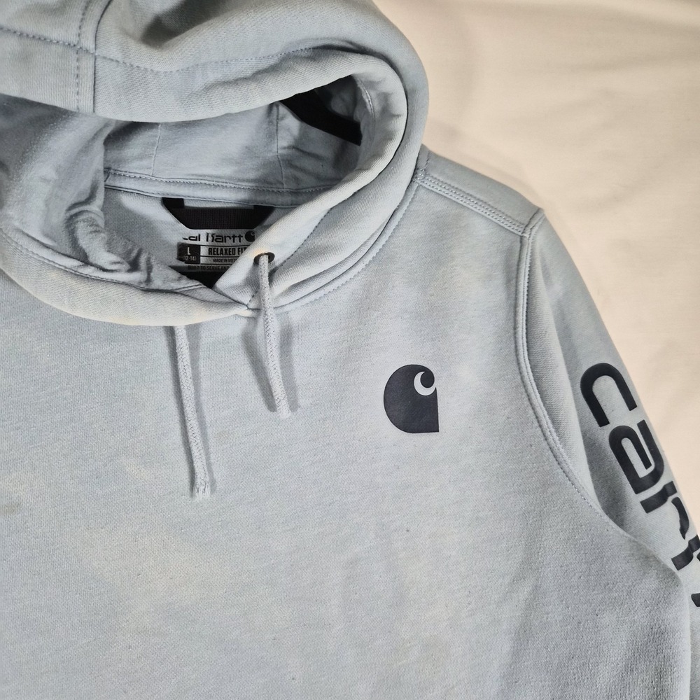 Carhartt Boys Light Blue Logo Sleeve Pullover Hoodie Relaxed Fit Size Large...